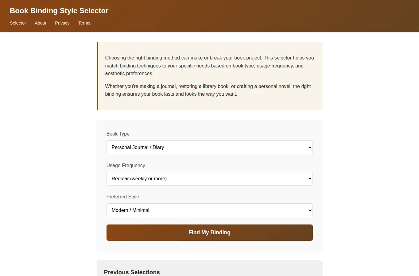 Screenshot of Book Binding Style Selector interface showing the project page in use